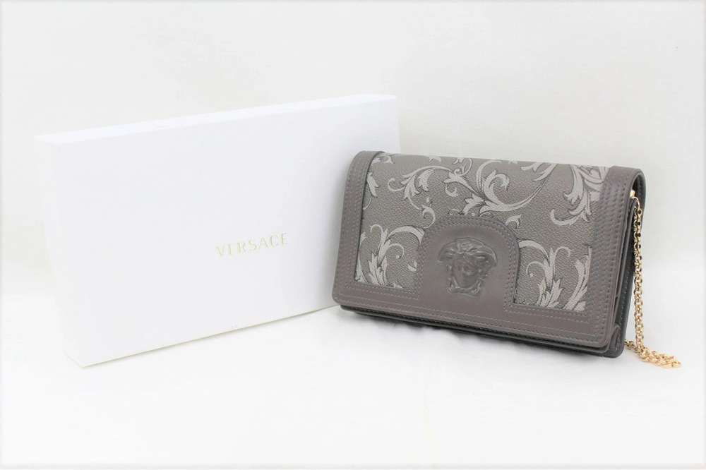 VERSACE chain clutch wallet long bag gray purple